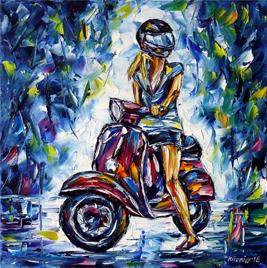 oilpainting, impressionism,vespadriver,vespadriving,scooter,motorscooter,scooterdriver,scooterdriving