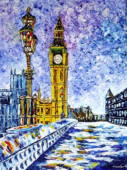 spachteltechnik, ölmalerei, impressionismus, stadtlandschaft,winterlandschaft,bigben,Towerbridge,Themse,Londonbridge