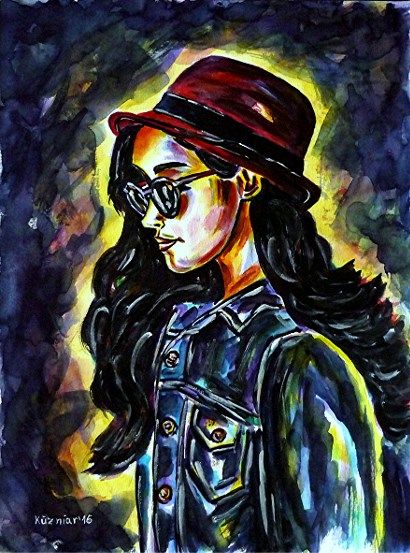 wasserfarben,aquarellmalerei,portrait,portraitmalerei,maedchenportrait,maedchenmithut,maedchenmitbrille,maedchenmitsonnenbrille