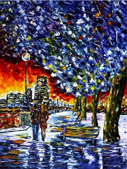 spachteltechnik, ölmalerei, impressionismus, winternacht,stadtlandschaft,winterlandschaft,liebespaar