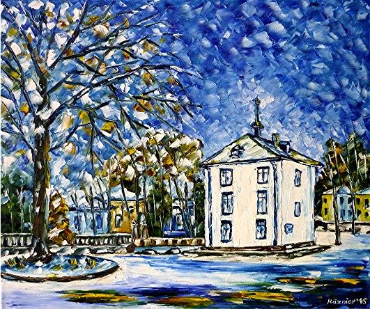 spachteltechnik, ölmalerei, impressionismus, winterlandschaft,schloss,schnee,stadtlandschaft,see,seeimwinter