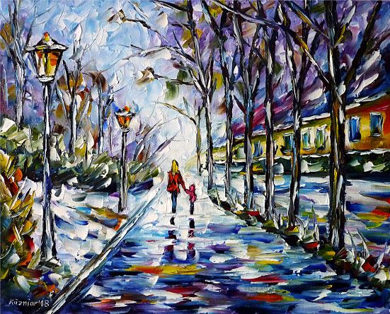 oilpainting, impressionism, winterlandscape,cityscape,winterscape,snow,walking,handinhand,lantern