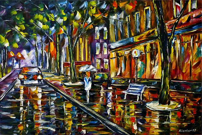 oilpainting, impressionism, cityscape, womanwithumbrella