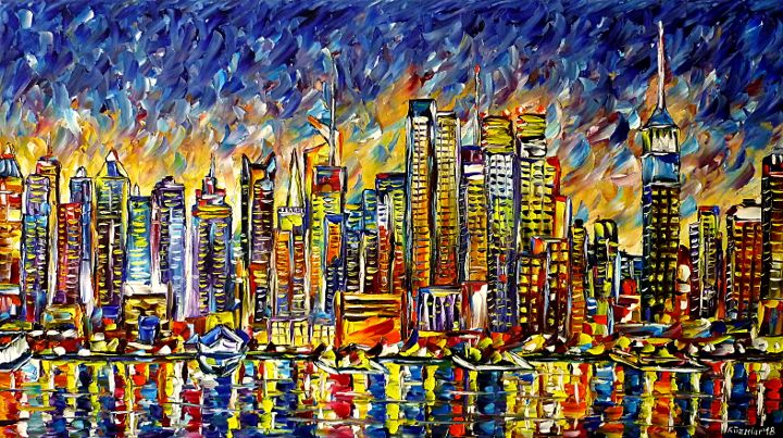 ömalerei,spachteltechnik,modern,Impressionismus,modernemalerei,abstraktemalerei,newyorkskyline,manhattanskyline,skylinemalen,stadtlandschaft,nyc,bigapple,skycrapers,himmelmalen,wassermalen,newyorkamabend,abendstimmung,abendhimmel,bunt,lebendig,farbenfroh