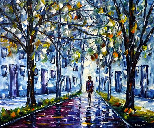 oilpainting, impressionism, autumn, walk, fog, autumn fog, cold, wet