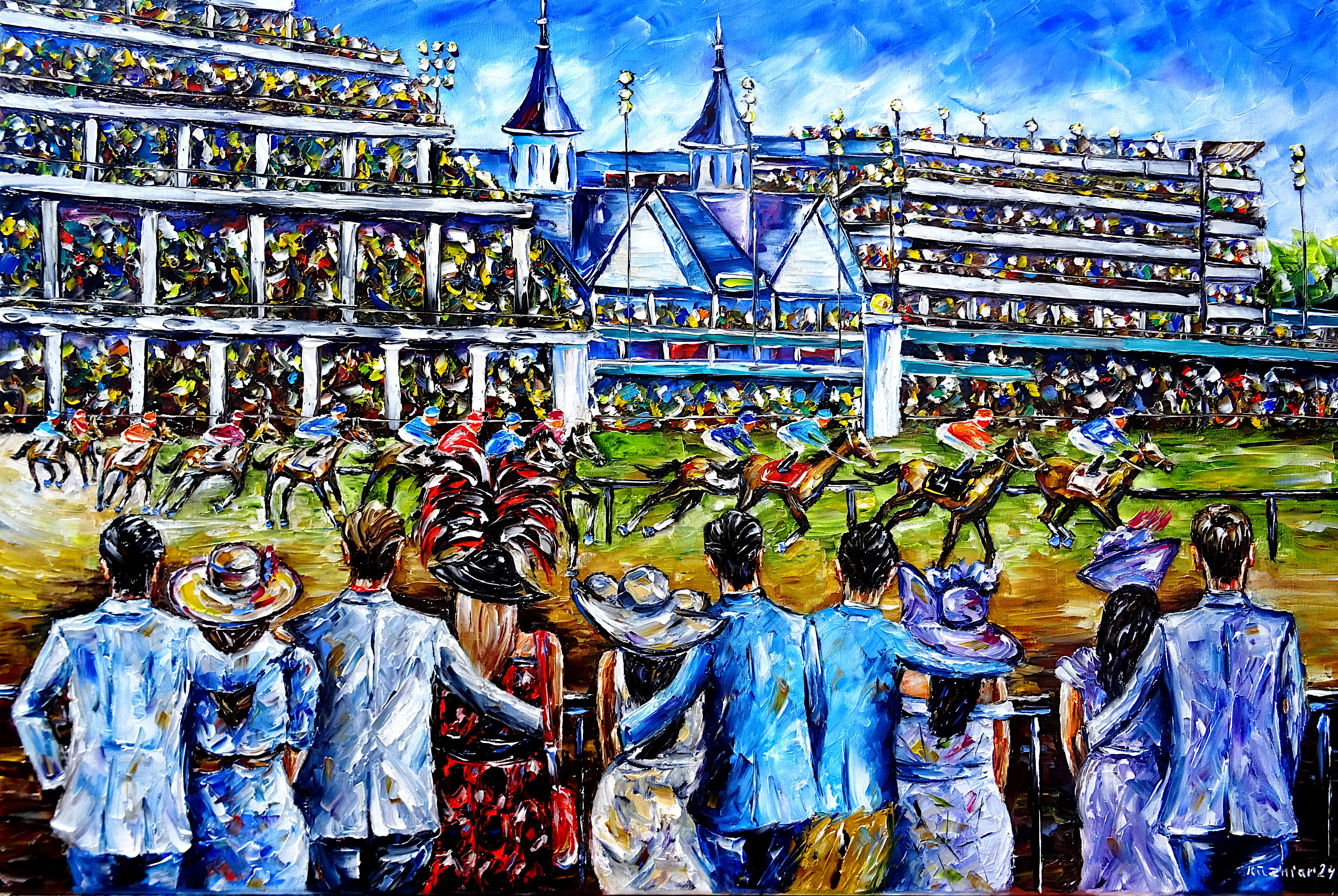 kentucky derby,pferderennen,pferdesport,jockeys,pferderennen in kentucky,menschen beim pferderennen,pferde,pferdederby,reiten,reiter,pferdeliebe,pferdeliebhaber,ich liebe pferde,pferdegemälde,pferdebild,sport,sportgemälde,sportliebe,sportler,sportliebhaber,Spachtel Ölgemälde,ölmalerei,spachtelmalerei,spachteltechnik,
expressive Kunst,expressionismus,expressive Malerei,lebendige Farben,bunte Malerei,impasto Malerei,figurativ