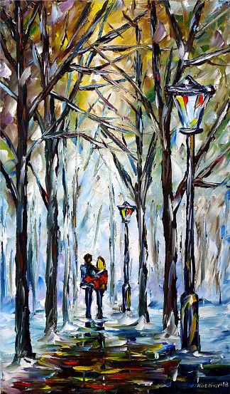 oilpainting,impressionism,landscape,winterlandscape,winterpark,lovecouple,handinhand,lantern,walking,snow