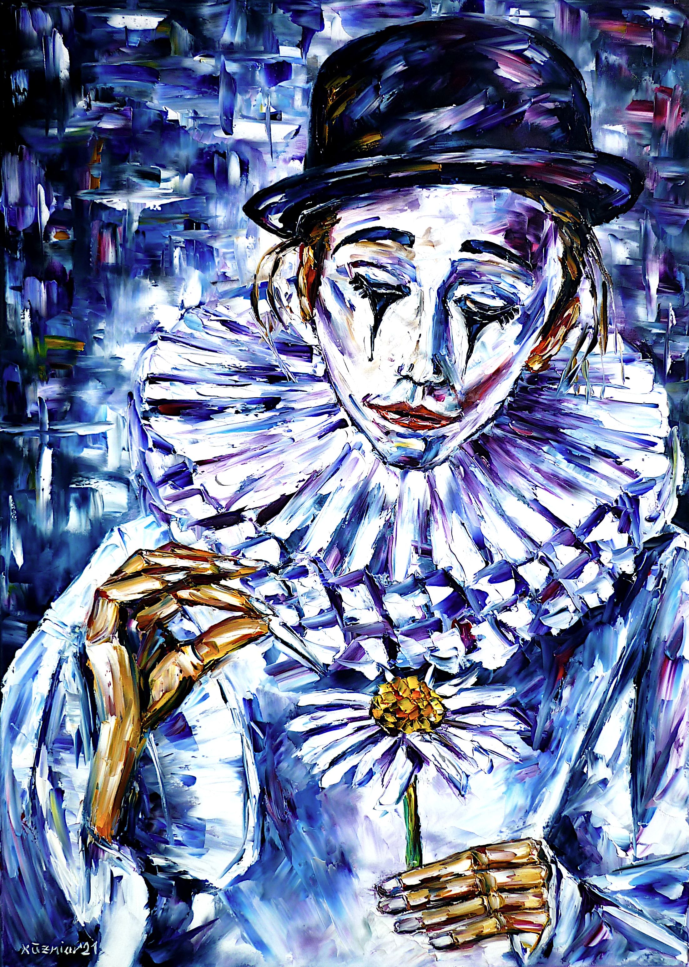 pierrot,pierrot picture,pierrot painting,female pierrot,sad clown,clown with hat,female clown,clown painting,clown with flower,pierrot with flower,female mime arist,pantomime,circus,sadness,grief,sad person,sad people,sad face,clown face,he loves me,he loves me not,she loves me,she doesn't love me,pierrot with hat,sad eyes,white face,clown love,i love clowns,circus love,brightpainting,peacefulpainting,cheerfulpainting,friendlyscene,friendlypainting,palette knife oil painting,modernart,impressionism,expressionism,figurative,abstractpainting,livelypainting,colorfulpainting,livelycolours,brightcolors,lightreflections,impastopainting,livingroompainting,livingroomart