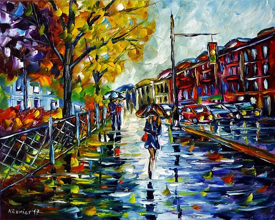 oilpainting, impressionism, autumn, rain, womanwithumbrella, russia, walking, cityscape