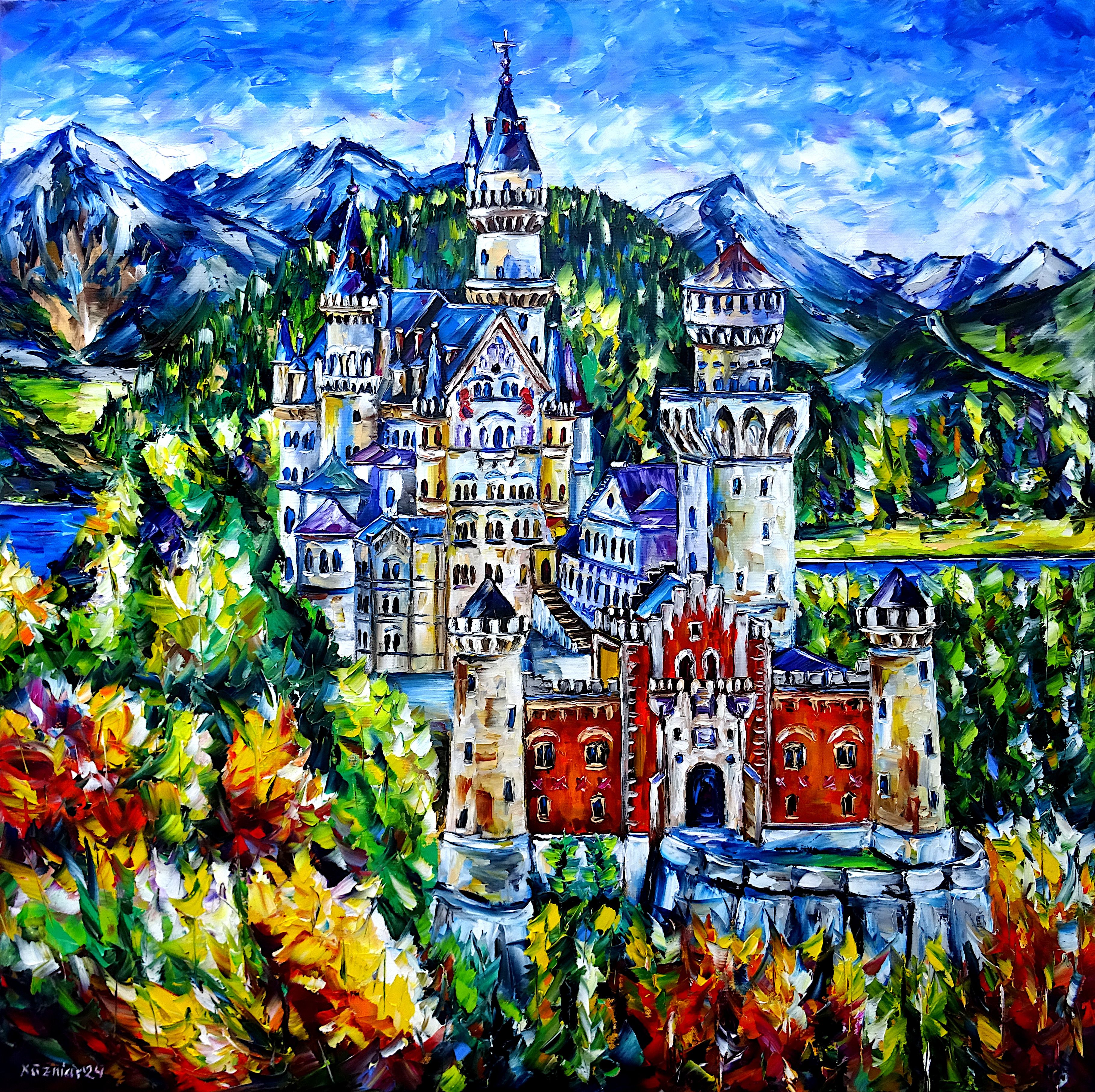 Neuschwanstein Castle picture,Neuschwanstein Castle painting,fairytale castle,Neuschwanstein in autumn,mountains,Germany,Bavaria,Allgaeu,Germany's sights,beautiful Germany,Neuschwanstein Castle in oil,Neuschwanstein Castle square format,autumn landscape,mountains in autumn,tourism,Bavarian landscape,view on Neuschwanstein,Neuschwanstein Castle art,castle in Germany,German castles,castle paintings,romantic castle,King Ludwig II,King Ludwig 2,King Ludwig the Second,palette knife oil painting,expressive art,expressive painting,expressionism,lively colors,colorful painting,impasto painting,figurative