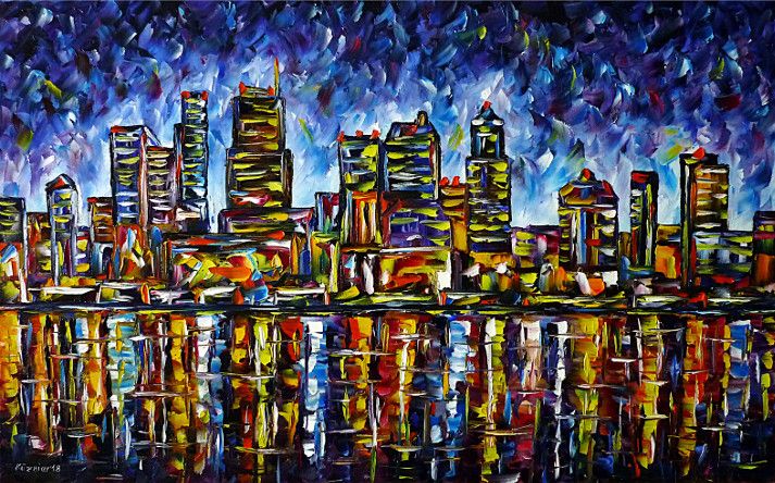 oilpainting, impressionism,skycrapers,seattleintheevening,seattleatnight,america,cityscape,citypainting,skylinepainting,skypainting,waterpainting,sunset