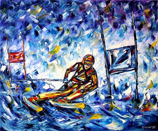 oilpainting,modern,impressionism,wintersports,slalomskie,skiing,goalkeeping,slalomrunning,snow,mountains,alps,racer,races,running,racing,world cup, slalompoles,nightslalom