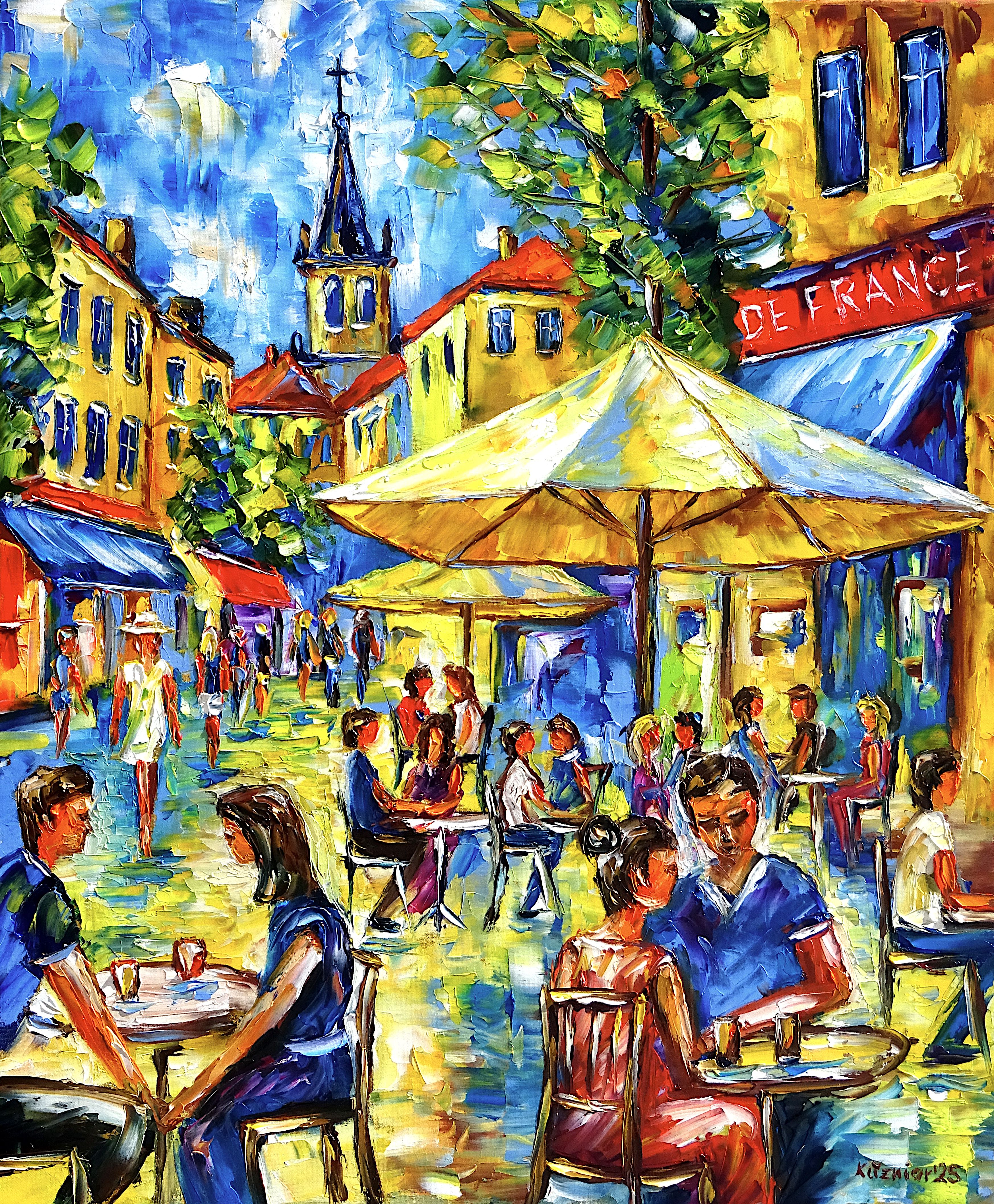 café,summer,street café,cafe,city life,café scenery,people,lovers,love couples,summer joy,parasol,southern France,Provence,café atmosphere,summer painting,sitting outside,enjoying summer,yellow painting,happiness,happy people,happy life,summer feelings,beautiful life,café painting,portrait format,colorful,vivid,vibrant,palette knife,oil painting,expressive art,expressive painting,impressionism,lively colors,colorful painting,impasto painting