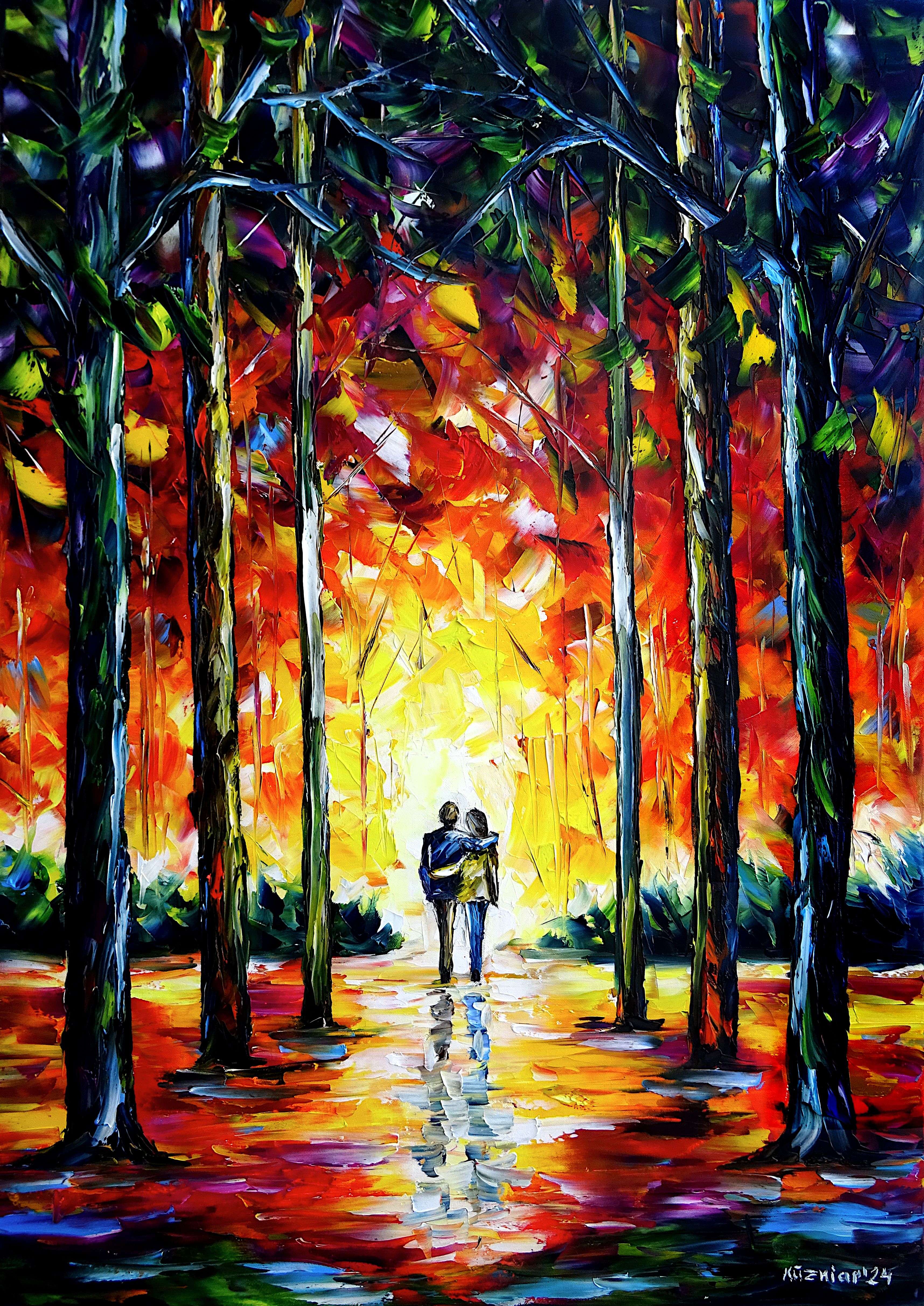 park walk,lovers in the park,park in the evening,sunset,people in love,lovers hugging,hugging walk,park romance,romantic scene,evening light,evening sun,romantic,love and romance,couple in love,burning sun,red park landscape,park abstract,red yellow and green,evening walk,romantic evening,pink colors,pink landscape,peaceful picture,nice time,people in the light,palette knife oil painting,expressive art,expressive painting,expressionism,lively colors,colorful painting,impasto painting,figurative