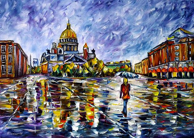 oilpainting, impressionism, autumn, womanwithumbrella, russia, rain, cityscape