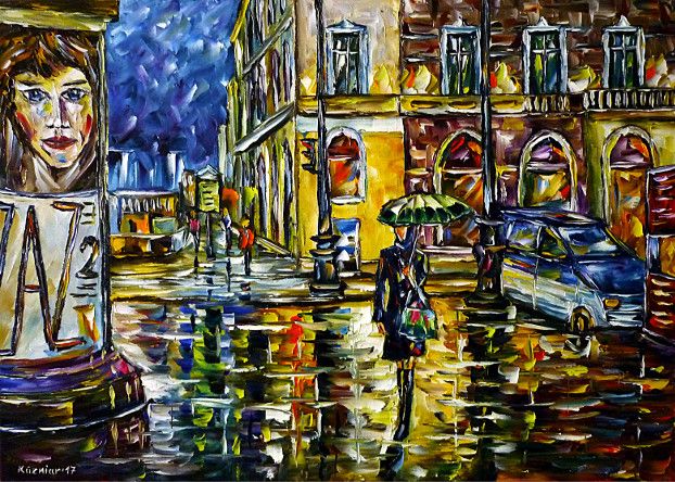 oilpainting, impressionism, autumn, womanwithumbrella, russia, rain, cityscape