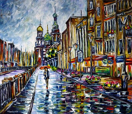 oilpainting, impressionism, autumn, rain, womanwithumbrella, russia, walking, cityscape