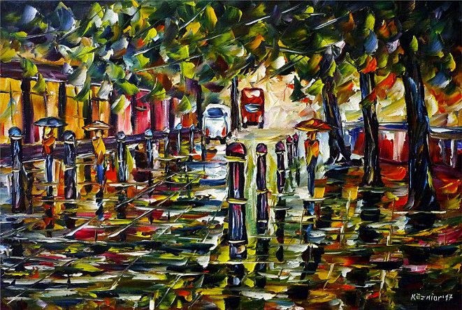 oilpainting, impressionism, cityscape, womanwithumbrella