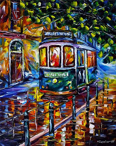 oilpainting, impressionism, modernart,portugal,cityscape,trolley,cablecar,streetcar,lisboa