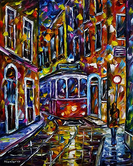 oilpainting, impressionism, modernart,portugal,cityscape,trolley,cablecar,streetcar,lisboa