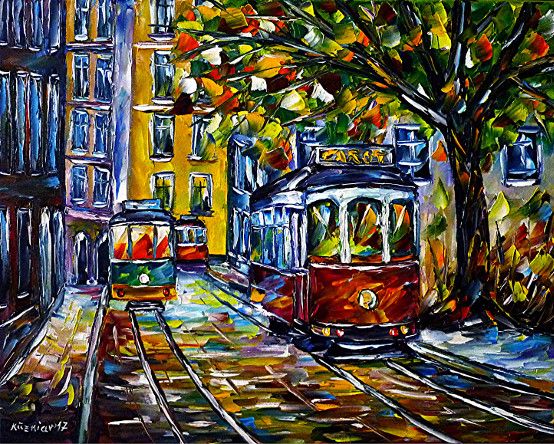 oilpainting, impressionism, modernart,portugal,cityscape,trolley,cablecar,streetcar,lisboa