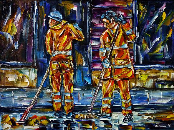 oilpainting,modern,impressionism,streetcleaners,garbagemen,cityscape,cityscene,autumn,leaves,streetsweeping,roadsweeping,roadsweepers