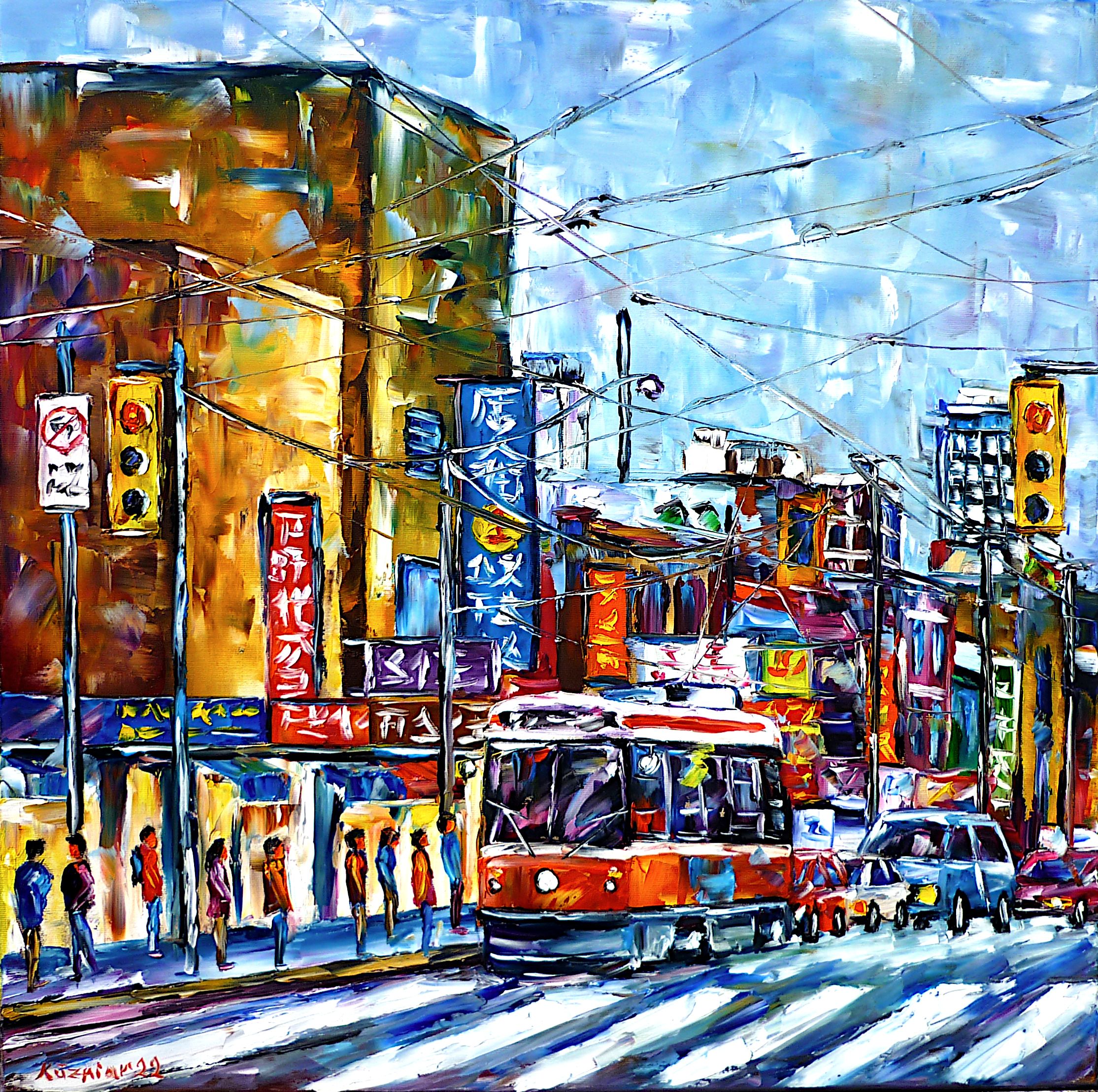 toronto cityscape,toronto city scene,toronto streetcar,red streetcar,toronto tram,toronto trolley,red trolley,toronto painting,toronto picture,chinatown city scene,toronto street traffic,people bus stop,waiting for bus,waiting for tram,tram stop,zebra crossing,pedestrian,toronto streetscape,chinatown street scene,colorful city,canada painting,toronto houses,toronto buildings,city life,city people,toronto love,toronto lovers,standing at traffic light,traffic light in city,crosswalk,canada love,canada lovers,square format,square picture,square painting,palette knife oil painting,modern art,impressionism,expressionism,abstract painting,lively colors,colorful painting,bright colors,light reflections,impasto painting,figurative