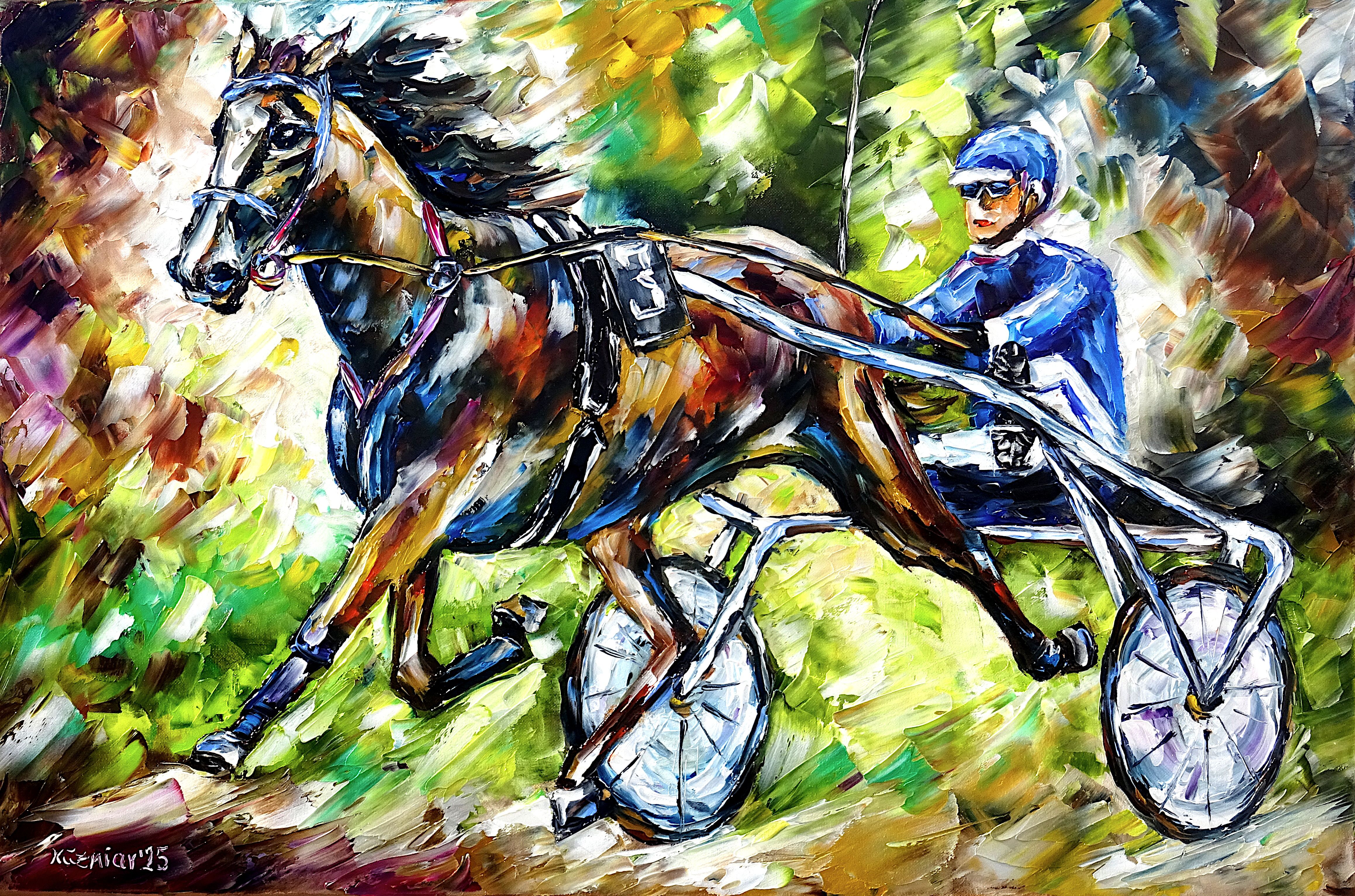 pferde,pferd,pferderennen,pferd mit wagen,trabrennsport,pferdesport,pferdemalerei,trabrennfahrer,pferderennsport,gangart,trab,traber,pferdeliebe,pferde kunst,sport gemälde,sportkunst,pferdekunst,lebendigkeit,Spachtel Ölgemälde,ölmalerei,spachtelmalerei,spachteltechnik,expressive Kunst,impressionismus,expressive Malerei,lebendige Farben,bunte Malerei,impasto Malerei,figurativ