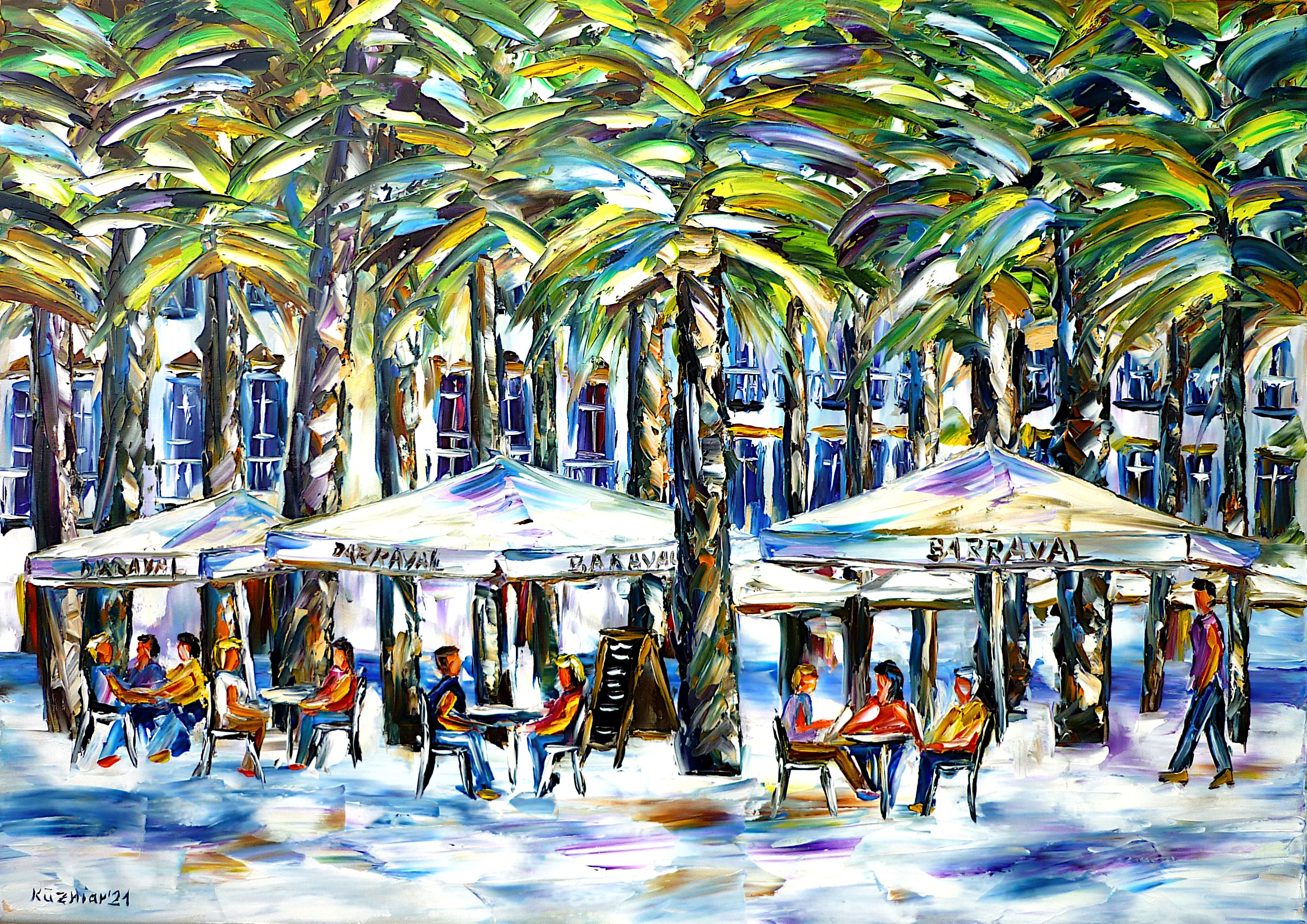 bar el raval barcelona,people in the cafe,sitting outside,cafe in barcelona,sitting in the cafe,cafe parasols,el raval scene,el raval painting,summer in barcelona,cafe scene,sitting under trees,summer feelings,summer painting,barcelona cityscape,cafe outside,street cafe,enjoy summer,people in summer,sunny summer day,warm summer day,beautiful barcelona,i love barcelona,barcelona lovers,summer painting,spain lovers,i love spain,beautiful spain,barcelona city scene,barcelona abstract,colorful barcelona,palette knife oil painting,modern art,impressionism,abstract painting,lively colours,colorful painting,bright colors,light reflections,impasto painting,figurative