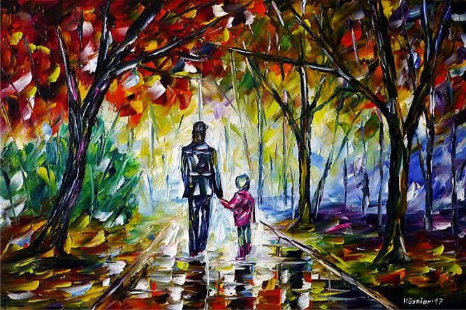 oilpainting, impressionism, autumn, autumnforest, autumnlandscape, walking, handinhand, landscapepainting