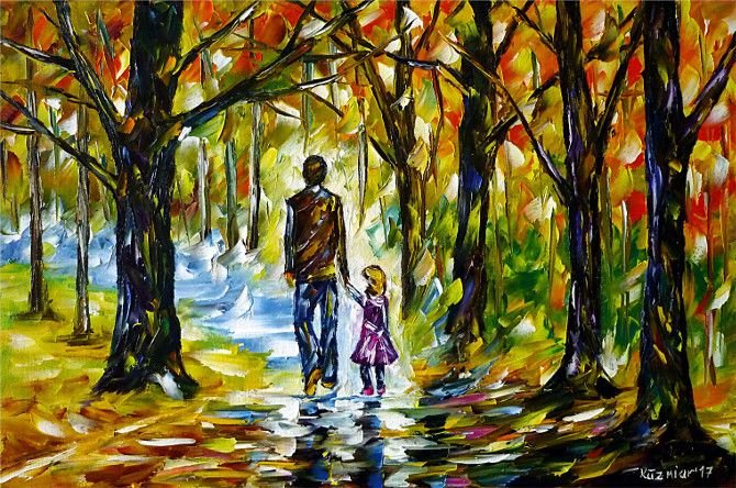 oilpainting, impressionism, autumn, autumnforest, autumnlandscape, walking, handinhand, landscapepainting