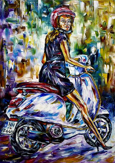 vespadriver,vespadriving,scooterdriver,scooterdriving,girlonavespa,girlonascooter,womanonavespa,girlwithhelmet,girlwithmotorcyclehelmet,motorcyclist,motorcycleriding,girlinablackdress,girlinasummerdress,summerpainting,summerfeelings,beautifulgirl,beautifulwoman,womanpainting,humanabstract,italiangirl,italianwoman,paletteknifeoilpainting,modernart,impressionism,artdeco,abstractpainting,livelypainting,brightcolors,lightreflections,impasto