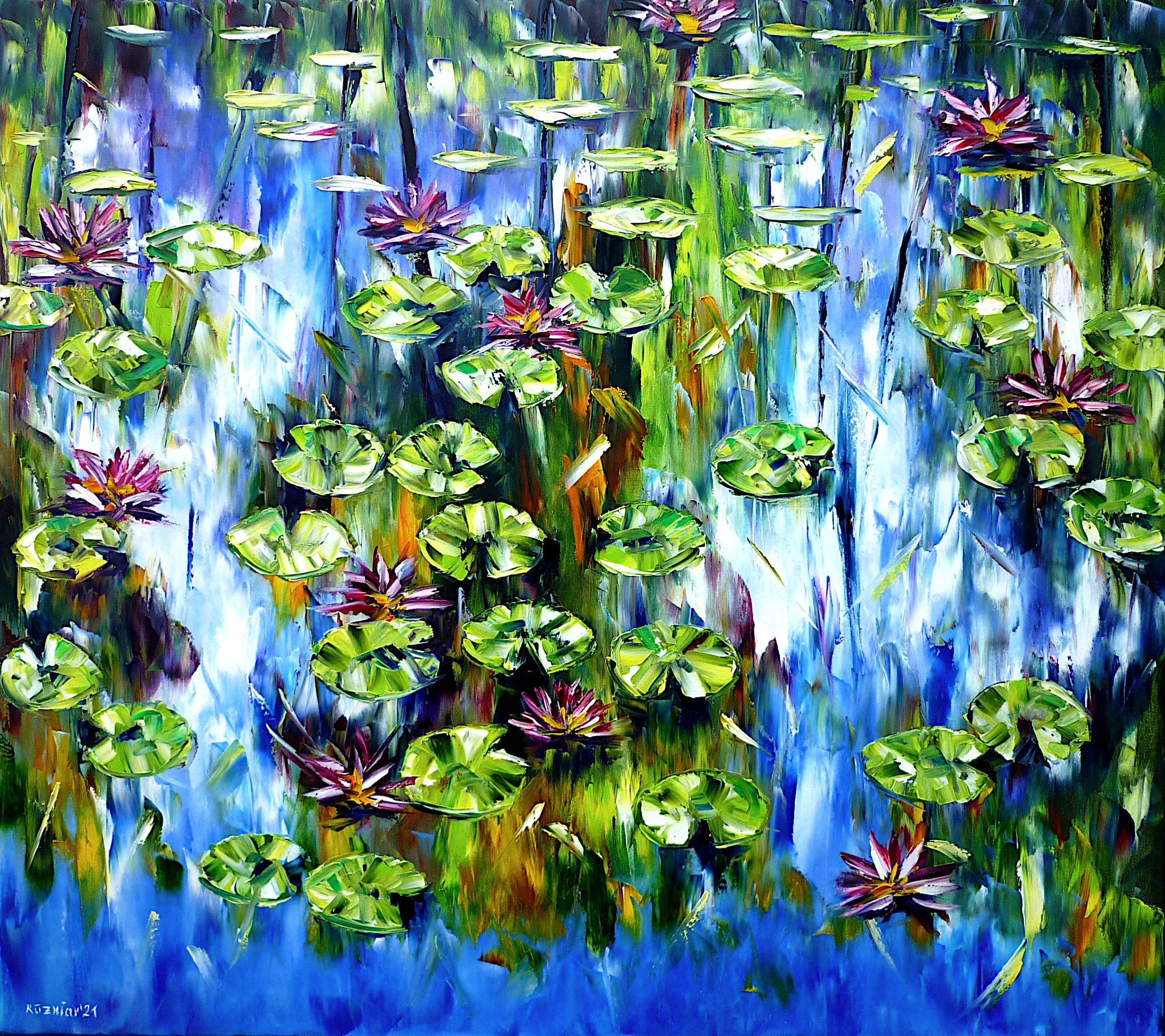 lily pond,pond painting,lilies on the water,water flowers,claude monet,garden pond,pond in the garden,garden painting,rose pond,sky reflection,cloud reflections in the water,flowers in the water,flowers in the pond,flower pond,blue-green picture,blue-green painting,joy,friendly picture,friendly painting,peace,peaceful picture,peaceful painting,palette knife oil painting,modernart,impressionism,expressionism,figurative,abstract painting,lively colours,colorful painting,bright colors,light reflections,impasto painting,living room art,living room picture,living room painting