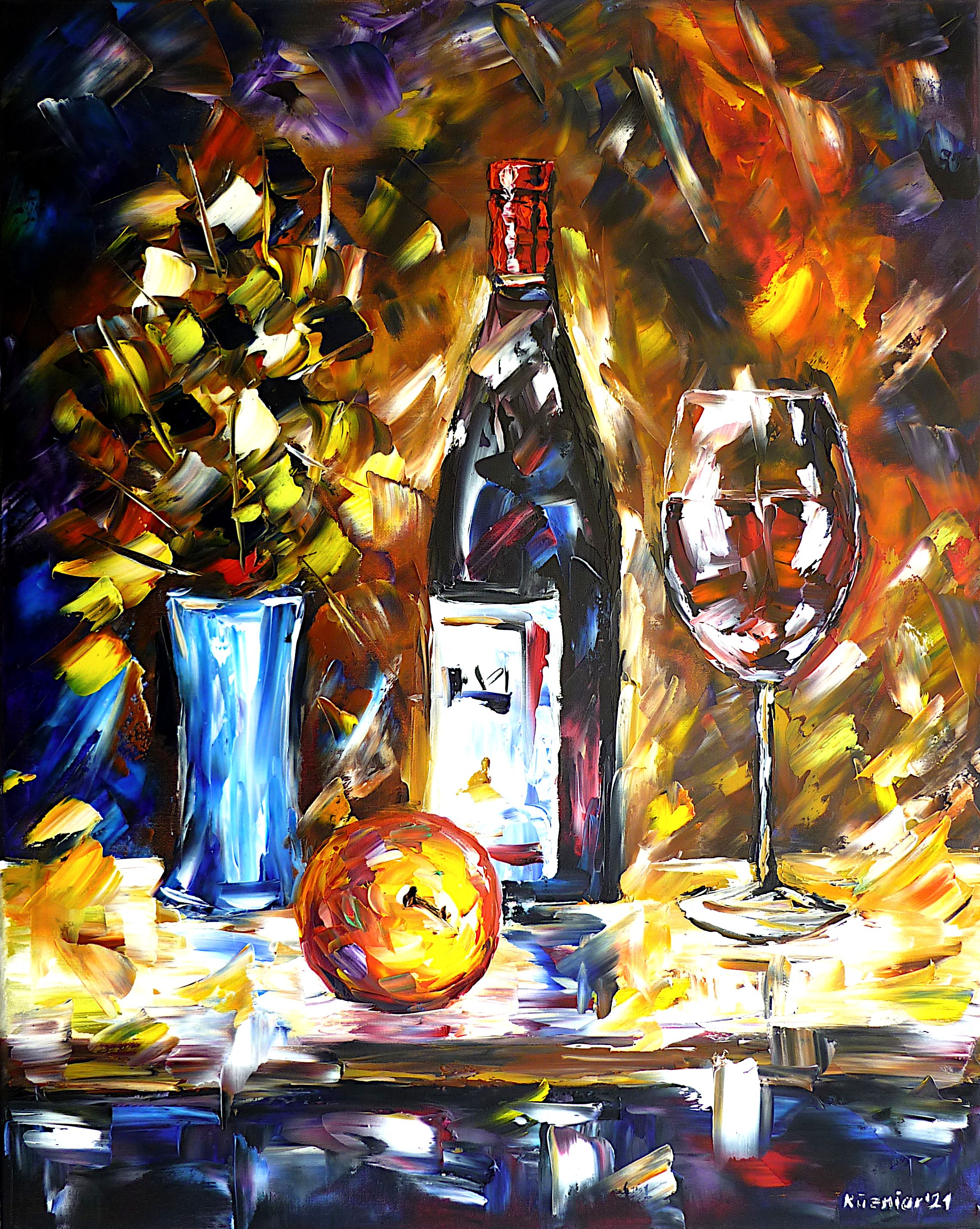 wine bottle,wine glass,glass of wine,wine flowers apple,red wine,dark still life,modern still life,alcohol still life,colorful still life,stilllife with flowers,still life with fruit,flowers in vase,romance,romanticpicture,romantic painting,wine lover,winelove,winepainting,winepicture,Ilovewine,wine drinker,wine connoisseur,fruit and flowers,apples,still life abstract,flowersabstract,fruitabstract,cheerfulpicture,joy,friendlypicture,friendlypainting,peacefulpicture,peacefulpainting,paletteknifeoilpainting,modernart,figurative,impressionism,abstractpainting,livelycolours,colorfulpainting,brightcolors,lightreflections,impastopainting,diningroomart,diningroompicture,diningroompainting