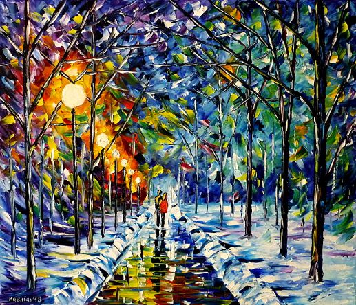 ömalerei,spachteltechnik,modern,Impressionismus,modernemalerei,abstraktemalerei,winterlandschaft,wintermalerei,handinhandspazieren,parkimwinter,verliebte,liebespaar,winternacht,laternen,baeumeimwinter,winterstimmung,schnee,eis,winterwald,eisig,kalt,landschaftsmalerei,bunt,lebendig,farbenfroh