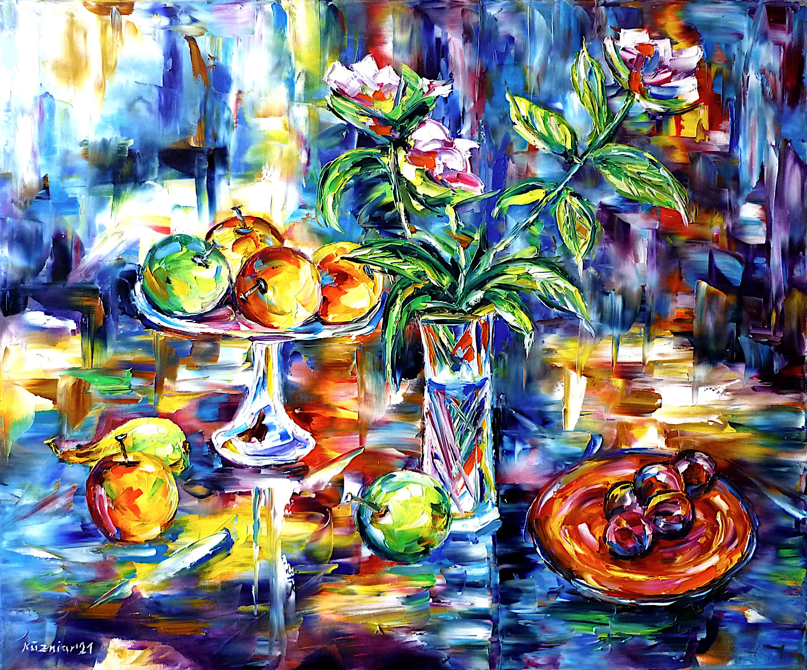 colorful still life,still life with flowers,still life art,flower art,roses art,still life beauty,beautiful still life,still life with fruit,flowers in vase,roses in vase,white roses,bouquet of roses,fruit and flowers,apples,pears,plums,bouquet,love of roses,roses lovers,I love flowers,I love roses,flower lovers,floristry,still life abstract,flowers abstract,roses abstract,fruit abstract,flower painting,blue painting,blue colors,flower picture,rose picture,flower fragrance,cheerfulpicture,joy,friendlypicture,friendlypainting,peace,peacefulpicture,peacefulpainting,figurative,palette knife oil painting,modernart,impressionism,abstractpainting,livelycolours,colorfulpainting,brightcolors,lightreflections,impastopainting,livingroomart,livingroompicture,livingroompainting