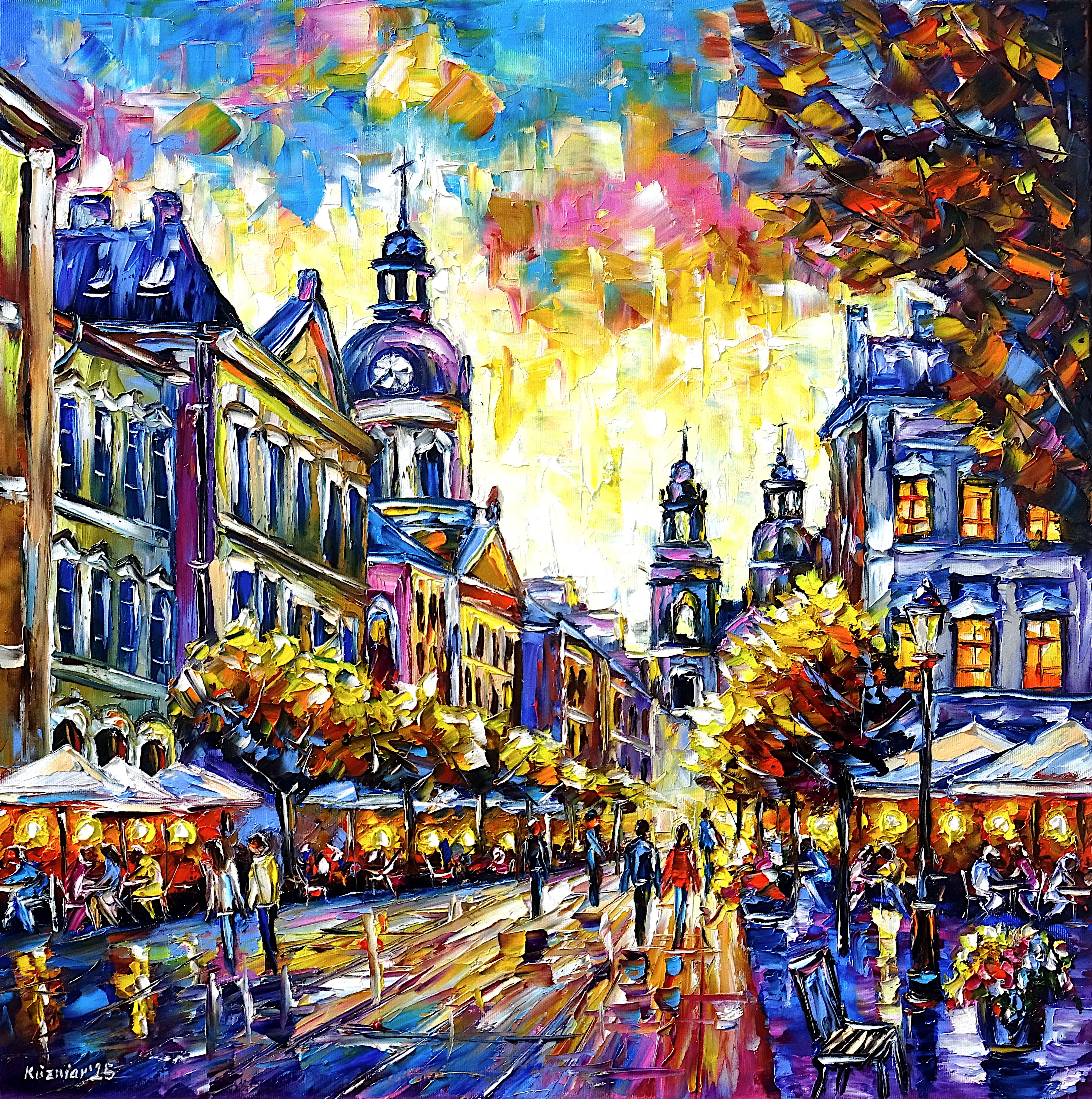 stadtlandschaft,stadt gemälde,abenddämmerung,am abend,sonnenuntergang,menschen,café,straßencafé,stadtleben,stimmung,abendsonne,cafészenerie,abendlicht,schönes leben,herbst,herbstabend,herbststimmung,trinken,feiern,spaß haben,freude,farbenfroh,quadratisch,quadratisches gemälde,Spachtel Ölgemälde,ölmalerei,spachtelmalerei,spachteltechnik,expressive Kunst,impressionismus,expressive Malerei,lebendige Farben,bunte Malerei,impasto Malerei